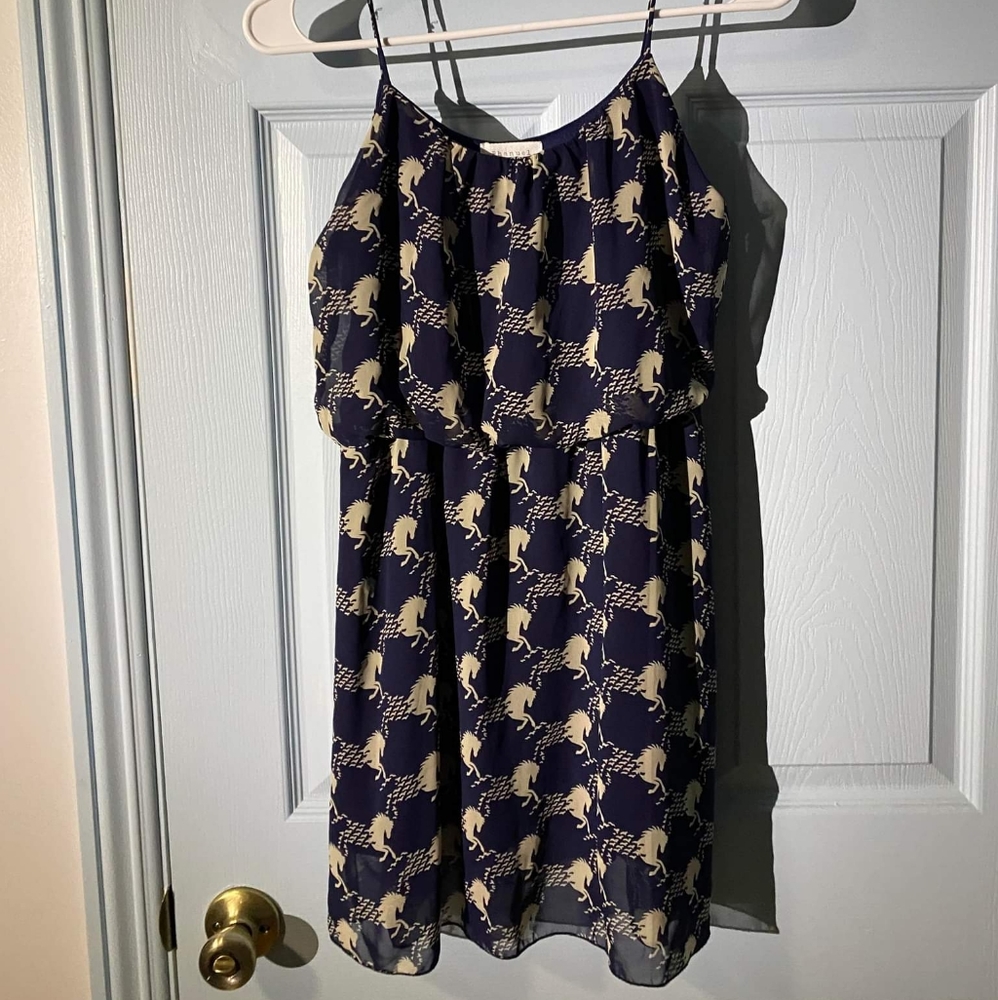 phanuel dress, small, dark blue with horse pattern